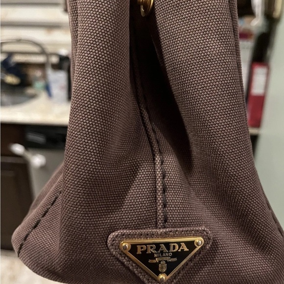 PRADA Canapa Taupe Canvas Tote Bag - Picture 2 of 8